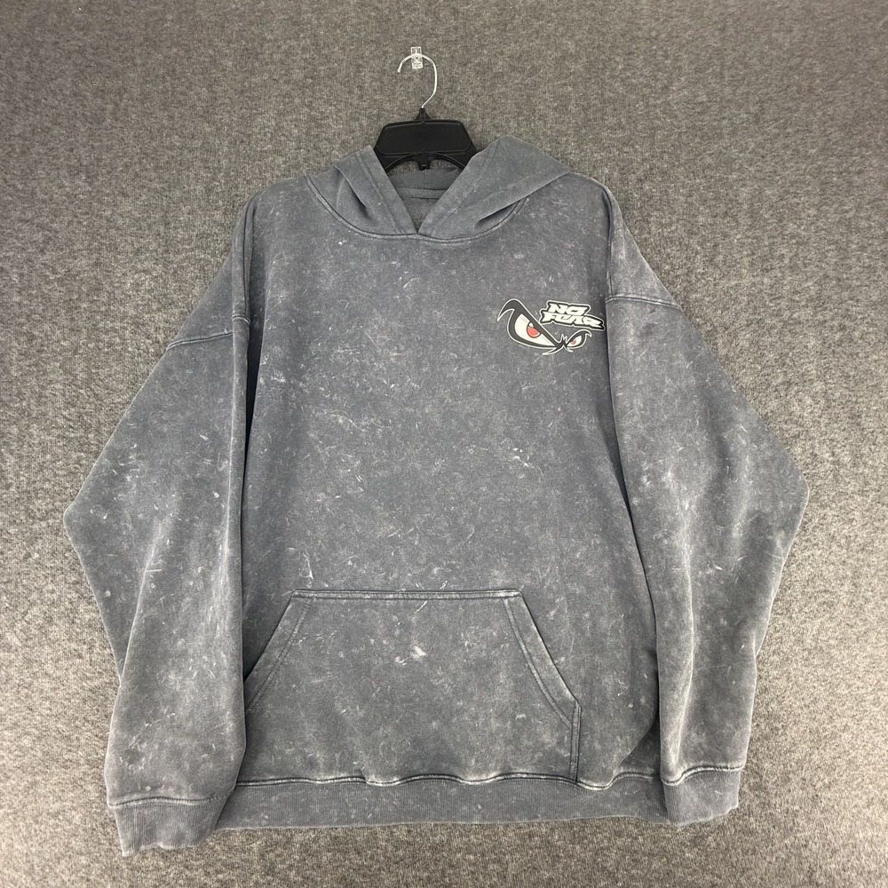 No Fear Hoodie Mens Gray Flaming Skull Acid Wash Y2K‎ Skater Pullover Sweatshirt